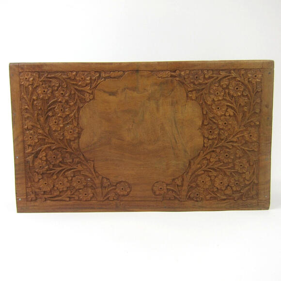 Vintage Carved Wood Letter Holder Stationery Rack Desk Organizer w/ Shell Inlay - Picture 5 of 12